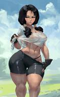1girl absurdres black_hair blue_eyes blush breasts cloud cloudy_sky curvy cutesexyrobutts day dragon_ball dragonball_z fingerless_gloves gloves highres long_hair medium_breasts navel nipples see-through sky solo standing thick_thighs thighs twintails videl wide_hips // 1620x2603 // 330.1KB