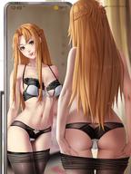 1girl ass ass_cutout asuna_(sao) bare_shoulders blush bra breasts brown_eyes butt_crack from_behind half_updo long_hair medium_breasts mirror orange_hair panties pantyhose parted_lips reflection shiny shiny_hair shiny_skin smile solo sword_art_online thigh_gap underwear underwear_only very_long_hair yiqiang // 1020x1360 // 178.0KB