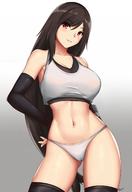 1girl arciealbano ass_visible_through_thighs bangs black_bra black_gloves black_hair black_skirt blush bra breasts brown_eyes brown_hair contrapposto cowboy_shot earrings elbow_gloves eyebrows_visible_through_hair final_fantasy final_fantasy_vii final_fantasy_vii_remake fingerless_gloves gloves gradient gradient_background groin hand_on_hip highres jewelry large_breasts long_hair looking_at_viewer low-tied_long_hair midriff navel panties parted_lips pencil_skirt red_eyes sidelocks signature simple_background single_elbow_pad skindentation skirt smile solo stomach tank_top tifa_lockhart toned underwear white_panties // 1180x1716 // 141.7KB