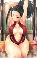 1girl arm_behind_head armpits black_eyes black_hair breasts curvaceous female hanamasa_ono high_resolution large_breasts leotard long_hair my_hero_academia navel one_arm_up one_eye_closed plump ponytail sauna sitting smile solo solo07450075 steam thick_thighs thighs tied_hair wide_hips yaoyorozu_momo // 1220x1871 // 320.1KB