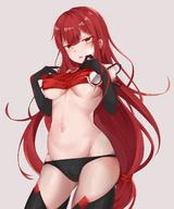 1girl :o bangs bare_shoulders black_gloves black_legwear black_panties black_underwear blush breasts clothes_lift cowboy_shot crimson_avenger_(elsword) elbow_gloves elesis_(elsword) elsword eyebrows_visible_through_hair female gloves gluteal_fold grey_background high_resolution kaminarichyan large_breasts lifted_by_self long_hair looking_at_viewer low_twintails navel open_mouth pantsu red_hair simple_background stomach thighhighs tied_hair twintails underboob underwear very_high_resolution very_long_hair yellow_eyes // 1426x1716 // 217.9KB