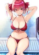 1girl armpits arms_up bare_arms bare_shoulders bikini breasts clavicle cleavage female hair_ornament hair_ribbon heterochromia high_resolution hololive houshou_marine large_breasts long_hair looking_at_viewer marine_ch. masaoka_misaki navel pool poolside red_bikini red_eyes red_hair red_ribbon ribbon side-tie_bikini sitting skindentation smile solo string_bikini swimsuit teeth tied_hair twintails virtual_youtuber yellow_eyes // 1442x2018 // 348.0KB