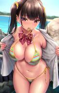 1girl bangs bare_shoulders bikini black_hair blush bow bowtie breasts cleavage cowboy_shot day eyebrows_visible_through_hair kase_daiki large_breasts long_hair mole mole_on_breast mouth_hold navel open_mouth original outdoors red_bow red_eyes red_neckwear shirt side-tie_bikini solo standing stomach swimsuit thigh_gap twintails wet white_shirt // 1080x1704 // 253.0KB