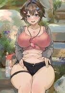 1girl :d bangs black_shorts blue_eyes blush bottle breasts brown_hair camisole clavicle cleavage clothing curvaceous day eyebrows_visible_through_hair feet_out_of_frame female flower grey_jacket hair_ornament hairclip jacket jintianhuahualema large_breasts long_sleeves looking_at_viewer multicolored_nails nail_polish navel open-mouth_smile open_clothes open_jacket open_mouth original outdoors short_hair short_shorts shorts sitting smile solo stairs stomach tattoo teeth thigh_gap thigh_strap upper_teeth whistle whistle_around_neck // 1288x1822 // 359.2KB