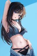 1girl arm_behind_head arm_up armpits bikini bikini_pull bikini_under_clothes black_bikini black_choker black_hair blue_eyes blue_hair blue_nails bracelet breasts choker cleavage clothes_pull commentary cowboy_shot denim denim_bikini dog_tags hand_on_hip highres jeans jewelry kottungyang long_hair looking_at_viewer medium_breasts messy_hair midriff multicolored_hair nail_polish navel navel_piercing necklace open_clothes open_mouth open_pants original pants piercing solo swimsuit teeth tongue tongue_out unbuttoned // 1424x2156 // 346.2KB