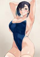 1girl armpits arms_up beige_background black_hair blue_hair blue_swimsuit blush breasts bursting_breasts cleavage covered_navel cowboy_shot gigantic_breasts hair_ornament huge_breasts looking_at_viewer mikomune multicolored_hair one-piece_swimsuit shiny shiny_skin sideboob smile solo sweat swimsuit thighhighs // 1228x1734 // 150.1KB