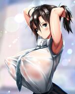 1girls adjusting_hair arms_behind_head big_breasts black_hair blue_eyes breasts female female_focus female_only kawahagitei large_breasts looking_at_viewer nipples nipples_visible_through_clothing original_character wet_clothes wet_shirt // 1298x1640 // 227.7KB