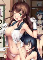 4girls agano_(kantai_collection) areola_slip areolae arm_up black_hair braid breasts brown_hair collarbone elbow_gloves embarrassed eyebrows_visible_through_hair eyes_closed gloves green_eyes highres ichikawa_feesu indoors kantai_collection large_breasts long_hair looking_at_viewer multiple_girls navel noshiro_(kantai_collection) one_eye_closed open_mouth out_of_frame panties partially_undressed pink_hair pink_panties pleated_skirt poking polka_dot ponytail sailor_collar sakawa_(kantai_collection) saliva sexual_harassment short_hair sidelocks skirt skirt_pull standing twin_braids unamused underwear very_long_hair white_gloves yahagi_(kantai_collection) // 880x1229 // 217.6KB
