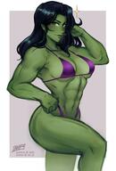 abs arm_up biceps bikini black_hair border breasts colored_skin feet_out_of_frame female green_eyes green_skin grey_background hand_on_hip iahfy large_breasts long_hair looking_at_viewer marvel marvel_comics muscular muscular_female navel purple_bikini she-hulk simple_background solo swimsuit thick_thighs white_border // 1288x1908 // 199.4KB