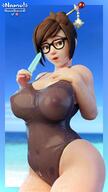 3d areolae asian beach big_breasts brown_eyes brown_hair confused ice_cream looking_at_viewer mei_(overwatch) namushere3d overwatch overwatch_2 see-through_clothing standing swimsuit tagme // 1088x1934 // 241.6KB