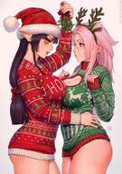 2019 2girls black_hair boob_window braided_hair chloe_(sciamano240) christmas christmas_outfit cute elf_ears hi_res imminent_kiss interspecies large_breasts lesbian looking_at_partner mirco_cabbia mistletoe no_pants oc original original_character pink_eyes pink_hair santa_hat sciamano240 sweater thick_thighs valerie_(sciamano240) white_background wholesome yuri // 1088x1546 // 329.9KB