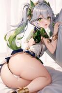 adult ai_generated alternate_age ass bare_shoulders bed blush breasts cameltoe dress female from_behind genshin_impact gradient_hair green_eyes green_hair hair_ornament high_heels huge_ass long_hair looking_at_viewer medium_breasts nahida_(genshin_impact) open_mouth panties pointy_ears ponytail pussy_juice shiny shiny_clothes shiny_hair shiny_skin sideboob smile solo thick_thighs white_hair // 880x1320 // 159.1KB