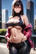 1girls ai_art_panwho ai_generated black_hair curvaceous curvy_body curvy_female curvy_figure erect_nipples female_focus female_only hi_res high_resolution latex_trousers nipple_bulge original_character red_eyes seductive_look stable_diffusion voluptuous voluptuous_female // 1288x1932 // 314.5KB