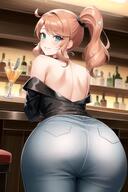 ai_generated ass ass_focus bare_shoulders blush breasts denim female from_behind green_eyes huge_ass jeans large_breasts long_hair looking_at_viewer looking_back off-shoulder_jacket off_shoulder orange_hair pants parted_lips pokemon pokemon_sm ponytail shiny shiny_clothes shiny_hair shiny_skin sideboob smile solo sonia_(pokemon) tight_pants // 880x1320 // 156.1KB