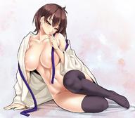1girl areolae arm_support black_legwear bottomless breasts brown_hair collarbone condom condom_in_mouth convenient_leg feet full_body holding japanese_clothes kaga_(kantai_collection) kantai_collection kure_masahiro large_breasts legs long_hair looking_at_viewer lying mouth_hold navel no_shoes on_side open_clothes open_shirt shirt short_hair solo tasuki thighhighs thighs untied // 1180x1034 // 164.0KB