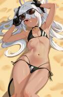 1girl absurdres armpits arms_up bare_shoulders beach bikini black_bikini black_gloves blue_archive blush breasts closed_mouth collarbone dark-skinned_female dark_skin eyewear_on_head gloves groin hair_between_eyes highres iori_(blue_archive) iori_(swimsuit)_(blue_archive) long_hair looking_at_viewer lying navel official_alternate_costume on_back outdoors red_eyes sand small_breasts solo stomach string_bikini sunglasses swimsuit ta_men_takeshi_takeshi tail thighs two_side_up very_long_hair white_hair // 1688x2596 // 340.0KB