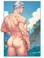 1boy ass back bara closed_mouth cloud completely_nude day green_hair highres kollyanna looking_at_viewer looking_back male_focus muscular muscular_male nude original outdoors short_hair sky solo water white_hair // 1586x2082 // 363.9KB