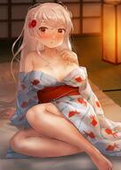 1girl animal_print blush breasts brown_eyes conte_di_cavour_(kancolle) grey_hair highres indoors japanese_clothes kantai_collection kimono large_breasts long_hair long_sleeves looking_at_viewer obi official_alternate_costume parted_lips sash solo tatami toka_(marchlizard) white_kimono wide_sleeves // 1226x1714 // 271.5KB