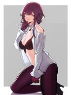 1girl absurdres bare_shoulders black_bra bra breasts cleavage clothing_cutout commentary distr gloves hand_up highres honkai:_star_rail honkai_(series) kafka_(honkai:_star_rail) large_breasts long_hair open_clothes open_shirt purple_eyes purple_gloves purple_hair shirt shoulder_cutout solo underwear white_shirt // 2286x3048 // 364.6KB