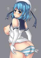 1girl ass bad_id bad_pixiv_id blue_eyes blue_hair breasts butt_crack grey_background heart highres kantai_collection large_breasts long_hair nipples panties panty_pull puffy_nipples simple_background sleeves_rolled_up solo striped striped_panties terakoya underwear urakaze_(kantai_collection) // 880x1245 // 157.9KB