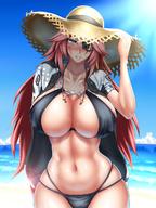 1girl arm_up baiken beach bikini black_bikini blush breasts cleavage collarbone curvy day eyepatch goggles guilty_gear guilty_gear_xrd hat highres hips large_breasts lens_flare long_hair looking_at_viewer md5_mismatch navel parted_lips pink_hair shadow solo straw_hat sun swimsuit tama_(tamakaka1031) very_long_hair wide_hips // 960x1280 // 186.9KB
