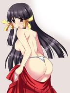 1girl arcana_heart artist_request ass black_hair blush breasts brown_eyes commentary_request fundoshi hair_ribbon hakama japanese_clothes kasuga_maori large_breasts long_hair miko open_mouth red_hakama ribbon solo undressing very_long_hair // 960x1276 // 145.7KB