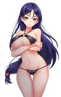 1girl bikini black_bikini blue_eyes blue_hair breasts closed_mouth crossed_arms fategrand_order fate_(series) highres large_breasts leikangmin long_hair looking_at_viewer minamoto_no_raikou_(fategrand_order) navel o-ring_bikini o-ring_top simple_background smile solo standing swimsuit white_background // 850x1337 // 122.1KB