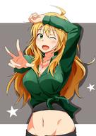 1girl :d ahoge blonde blush breasts cleavage female green_eyes high_resolution hoshii_miki idolmaster idolmaster_(classic) j.roswel large_breasts long_hair looking_at_viewer midriff navel one_eye_closed open_mouth shirt smile solo star tied_shirt v // 1200x1697 // 238.8KB