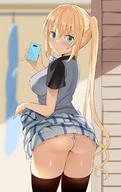 1girl :o ass black_shirt blend_s blonde blue_eyes blue_skirt blurry blurry_background blush breasts brown_legwear cellphone closed_mouth dat_ass depth_of_field eyebrows_visible_through_hair female from_behind hair_between_eyes hair_ornament heart_cutout hinata_kaho holding holding_phone indoors large_breasts legs lifted_by_self lips long_hair looking_at_viewer looking_back micro_panties noripachi pantsu phone plaid plaid_skirt school_uniform see-through self_shot selfie shiny shiny_hair shiny_skin shirt sidelocks skirt skirt_lift smartphone solo sunlight sweatdrop sweater_vest tareme thighhighs thighs tied_hair tied_shirt twintails underwear very_long_hair white_panties white_underwear // 880x1401 // 154.6KB