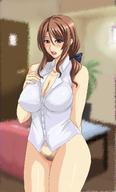 1girl blue_eyes blush bow brown_hair censored couch erect_nipples erect_nipples_under_clothes eyebrows_visible_through_hair female female_only female_pubic_hair female_solo hair_bow hair_ornament hands_on_own_chest high_resolution indoors inzuma_wakai_juusei_ni_yogaru_hitozuma kokyu_no_heya living_room long_hair looking_at_viewer mature mature_female mature_woman milf mole mole_under_eye mosaic_censoring nipples no_pants no_underwear open_mouth pink_couch plant ponytail potted_plant pubic_hair shirt solo surprised table tied_hair white_shirt // 880x1460 // 199.6KB