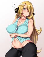1girl areolae bangs blonde blue_eyes breast_hold breasts cameltoe clavicle cleavage crossed_arms curvaceous cynthia_(pokemon) erect_nipples erect_nipples_under_clothes eyebrows eyebrows_visible_through_hair female flying_sweatdrops gradient gradient_background hair_ornament hair_over_one_eye high_resolution hips inverted_nipples large_breasts long_hair looking_at_viewer midriff moisture_(chichi) navel nipples no_bra nopan open_mouth pants parted_lips plump pokemon pokemon_(game) pokemon_character pokemon_diamond_pearl_&_platinum puffy_areolae shirt sleeveless solo standing stomach very_long_hair // 1080x1405 // 159.5KB