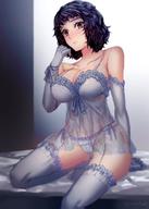 1girl babydoll bare_shoulders bed black_hair blush bra breasts brown_eyes cleavage closed_mouth collarbone commentary elbow_gloves embarrassed garter_straps gloves indoors kawakami_sadayo lace large_breasts lingerie looking_at_viewer messy_hair panties persona persona_5 see-through short_hair sitting solo thighhighs underwear underwear_only white_gloves white_legwear white_panties yaoto // 880x1229 // 132.9KB