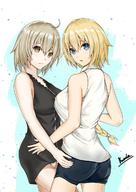 2girls back blonde blue_eyes breast_press dark_persona duo fategrand_order fate_(series) female jeanne_d'arc_(alter) jeanne_d'arc_(fate) long_hair multiple_girls multiple_persona open_mouth pixiv_id_1487534 png-to-jpg_conversion short_hair // 850x1203 // 149.0KB