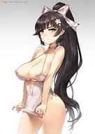 azur_lane bare_shoulders black_hair bow breasts brown_eyes center_opening choker cleavage closed_mouth contrapposto cowboy_shot criss-cross_halter eyebrows_visible_through_hair female flower gao_(gaolukchup) gradient gradient_background hair_flower hair_ornament hairbow halterneck high_ponytail large_breasts navel nipple_slip nipples one-piece_swimsuit patreon_username ponytail pussy_peek simple_background solo standing swimsuit swimsuit_lift takao_(azur_lane) watermark web_address // 880x1244 // 126.9KB